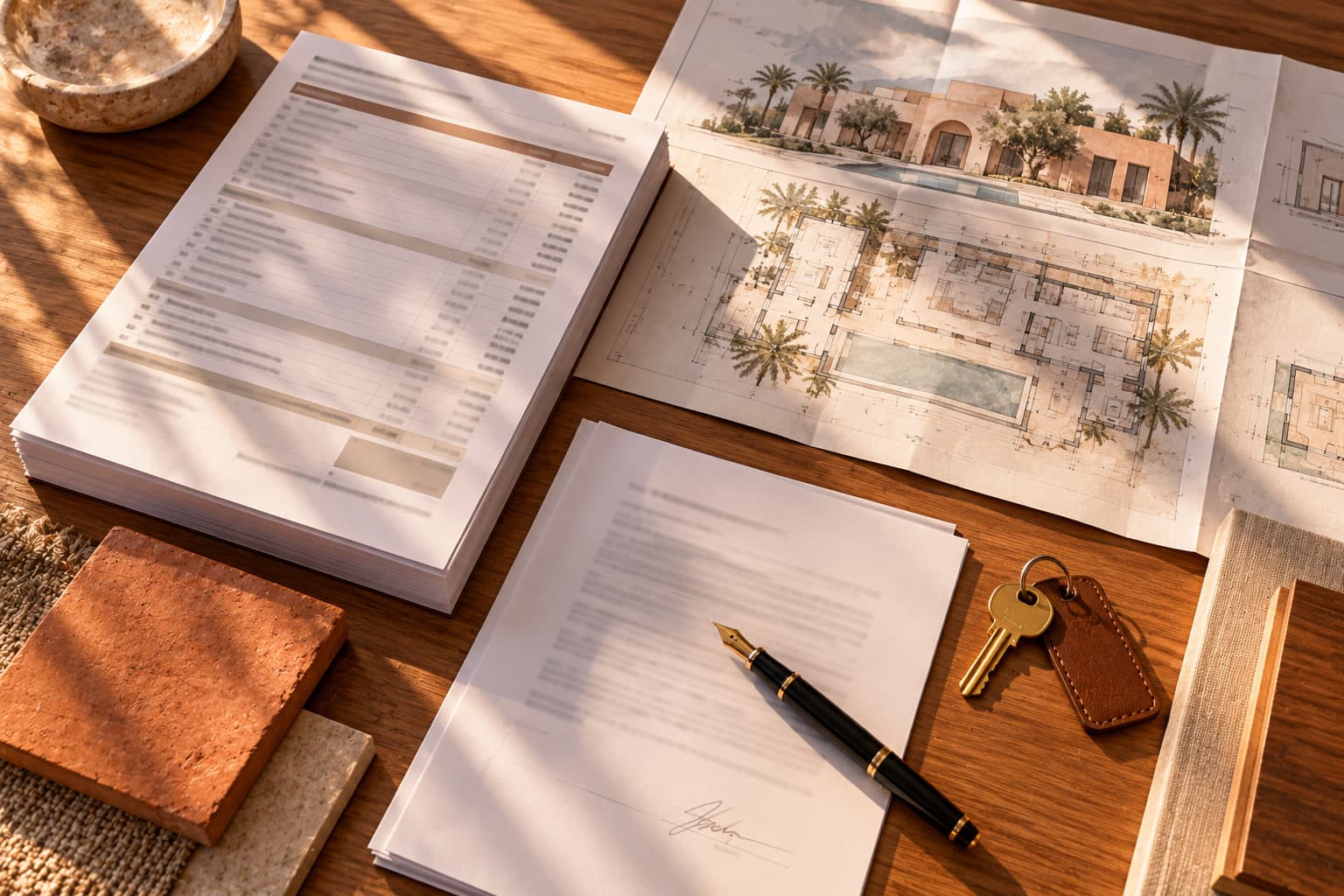 Devis détaillé et plans posés sur une table, stylo et clé