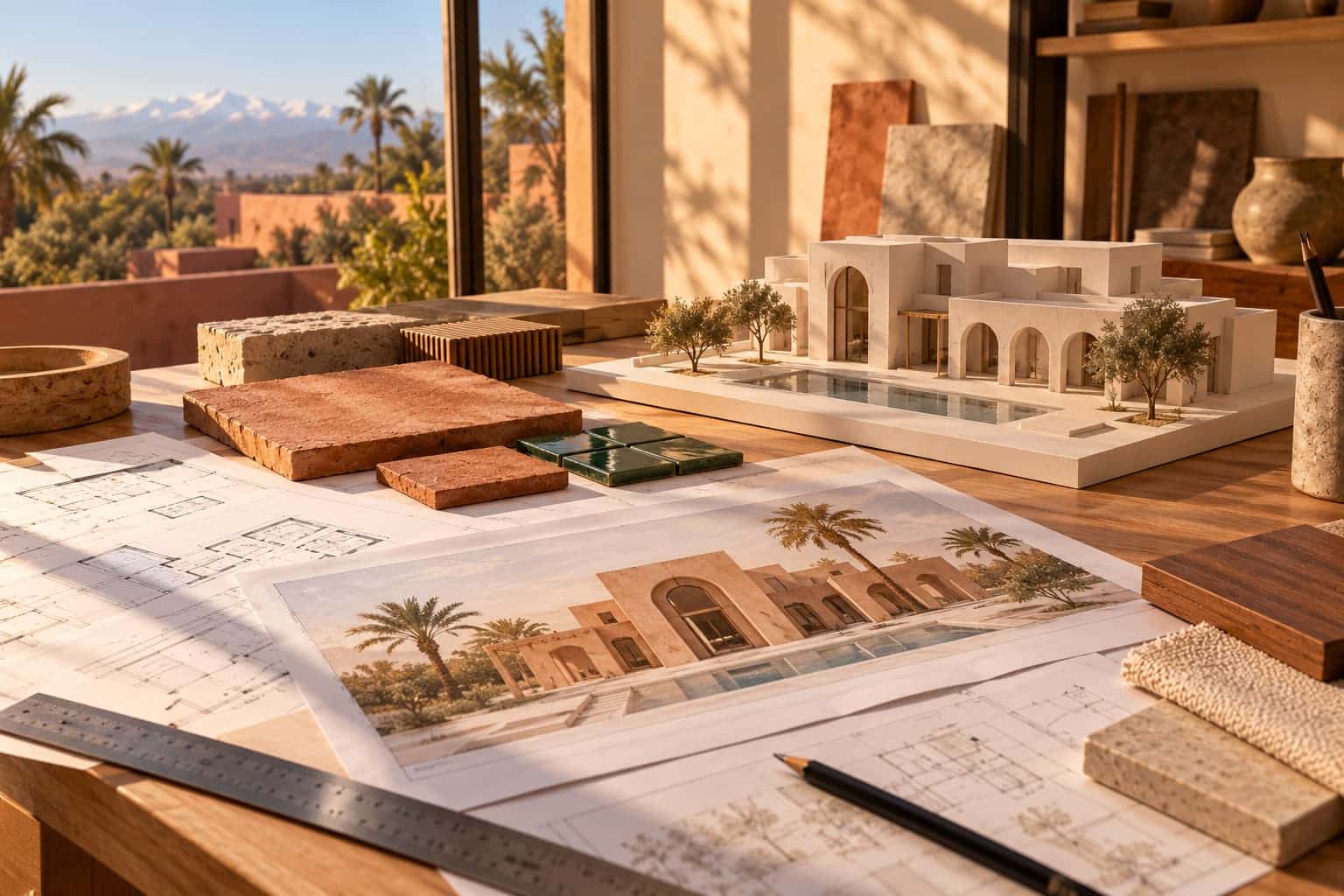 طاولة مهندس معماري عليها تصاميم فيلا ومجسم أبيض وعينات من التدلاكت والزليج