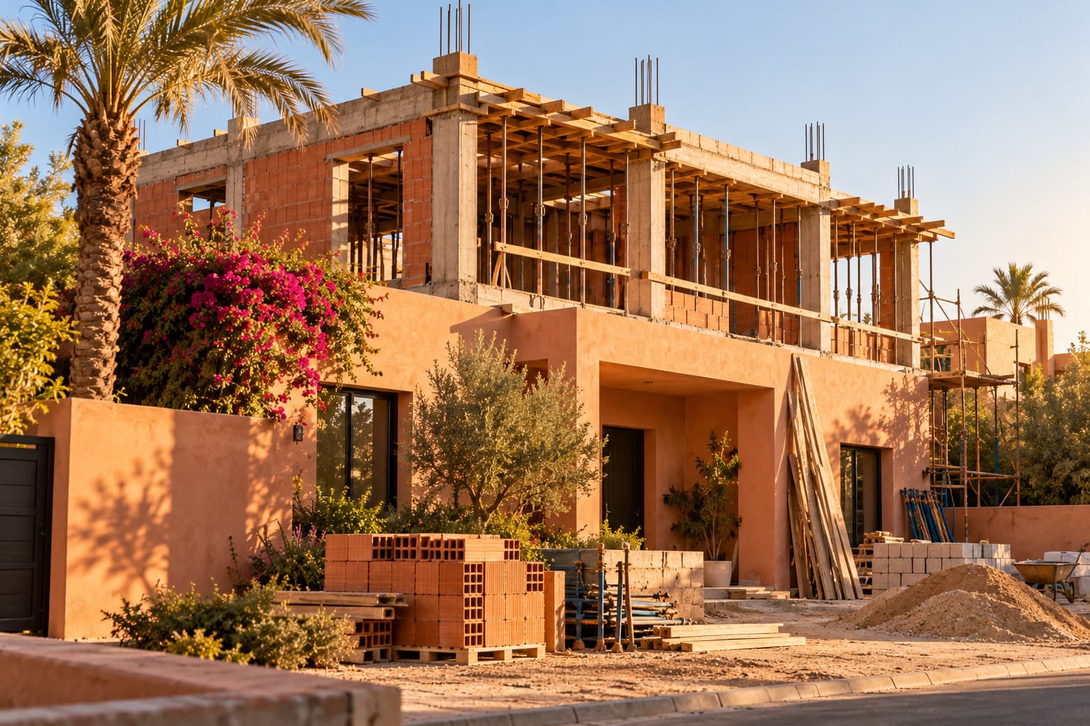 Maison existante en cours de surélévation avec un nouvel étage en briques et béton