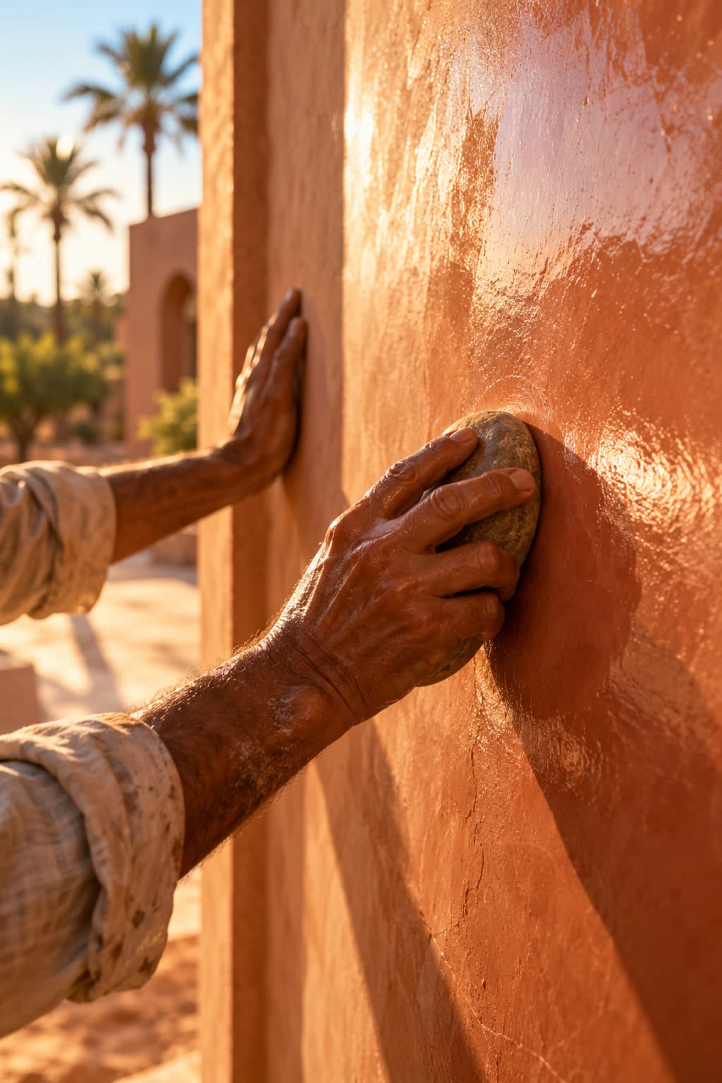 Mains d’artisan lissant un mur en tadelakt ocre avec une pierre