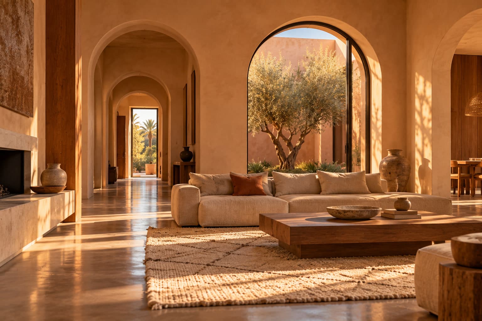 Intérieur de villa avec une enfilade d’arches et des murs en tadelakt
