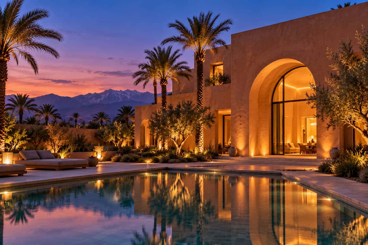 Villa in ochre render at dusk, with a lit swimming pool in the foreground and the snow-capped Atlas in the distance